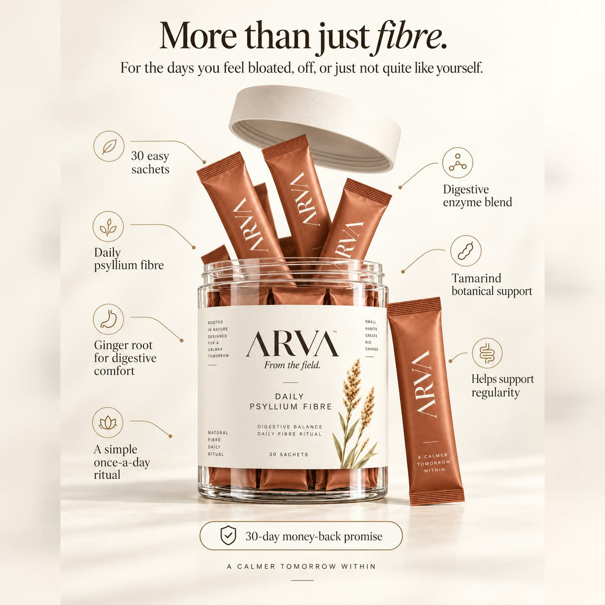 More than just fibre: 30 easy sachets, daily psyllium fibre, ginger root for digestive comfort, a digestive enzyme blend, tamarind, and a 30-day money-back promise
