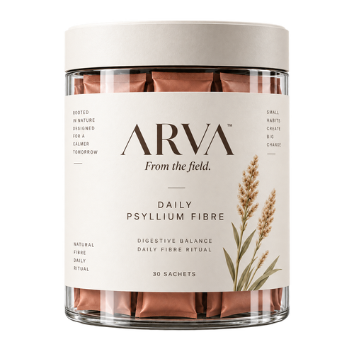 Jar of Arva Daily Psyllium Fibre containing 30 individually wrapped sachets