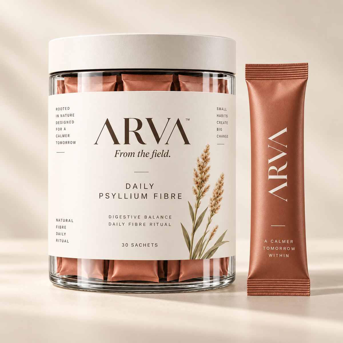 Jar of Arva Daily Psyllium Fibre beside a single sachet